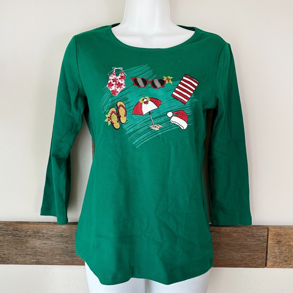 NWT - Karen Scott Green Christmas Long Sleeve Tee Beach Flip Flops Women's XS